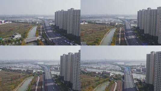 航拍上海自贸区东靖路桥高清在线视频素材下载