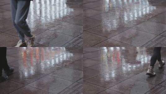 下雨天南京路路面水坑倒影雨点水滴镜面行人高清在线视频素材下载