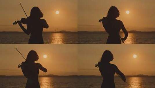 夕阳下的小提琴表演艺术家高清在线视频素材下载