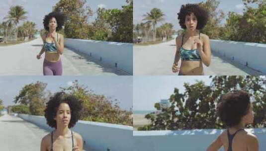 黑色适合女孩在热带海滨慢跑高清在线视频素材下载