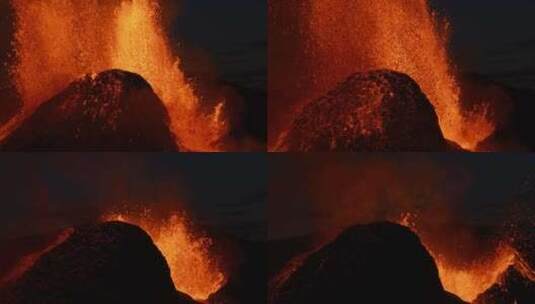 夜间火山口爆炸喷出熔岩的慢动作特写高清在线视频素材下载