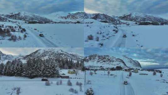 挪威罗弗敦群岛北极圈雷纳冬季雪景高空航拍高清在线视频素材下载