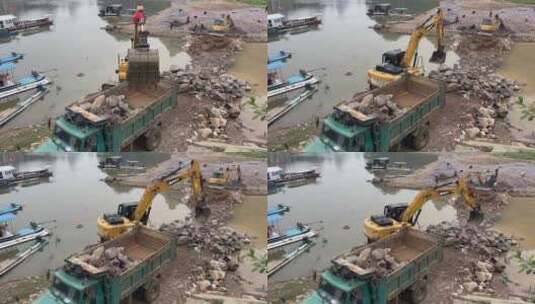 挖掘机修缮河道工程高清在线视频素材下载