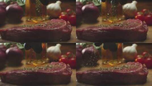 烹饪料理美食香煎牛排慢镜头高清在线视频素材下载