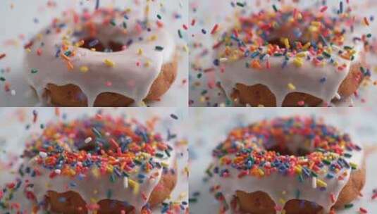 甜甜圈，巧克力涂层，洒，糖果高清在线视频素材下载