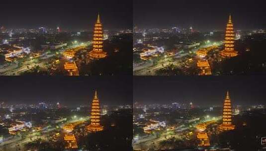 浙江金华古子城万佛塔夜景航拍高清在线视频素材下载