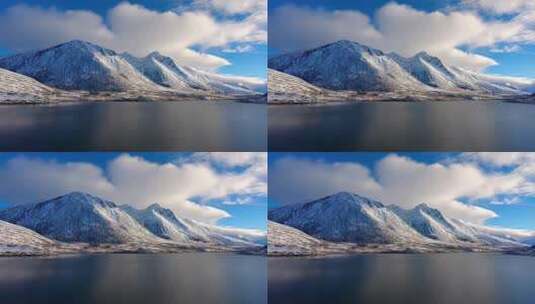 雪山下平静湖水的壮丽自然风光高清在线视频素材下载