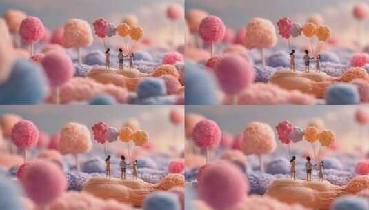 梦幻糖果场景中家人手持气球高清在线视频素材下载