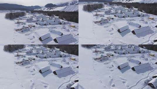 航拍新疆禾木雪景森林雪地小木屋禾木桥雪山高清在线视频素材下载