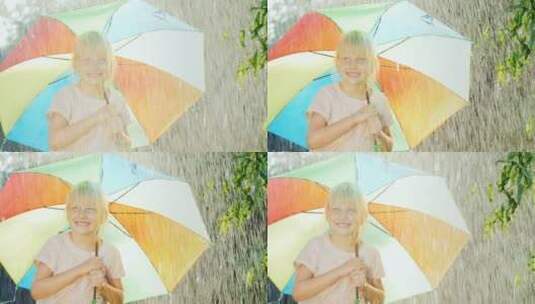 女孩打伞站在雨中高清在线视频素材下载
