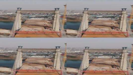 城市跨河大桥施工现场竖屏航拍高清在线视频素材下载