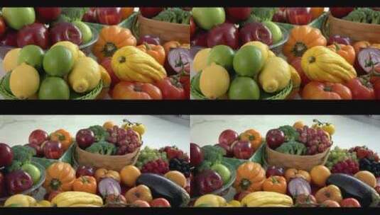 水果蔬菜摆满桌子新鲜色彩水珠高清在线视频素材下载
