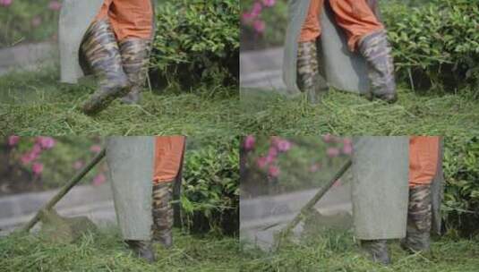 环卫工人使用除草机除草慢动作高清在线视频素材下载