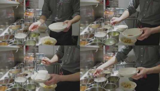 面馆里厨师在准备面条调味料高清在线视频素材下载