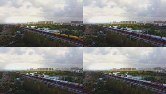 航拍高架上的火车高清在线视频素材下载