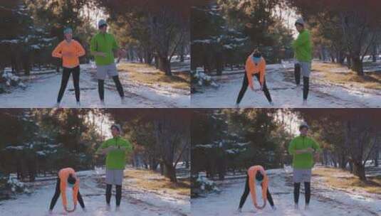 青年情侣在雪地里锻炼身体高清在线视频素材下载