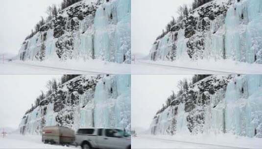 白雪皑皑的道路和冰封的山峰高清在线视频素材下载