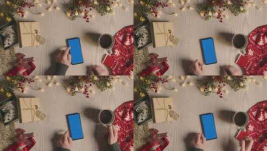 圣诞节男人滑动蓝幕手机高清在线视频素材下载