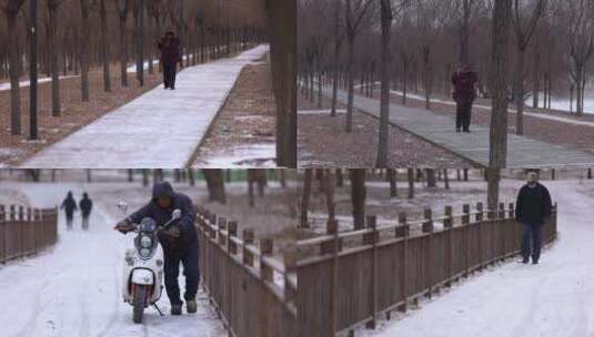 寒冷冬季行人行走老人 下雪冬天雪景高清在线视频素材下载