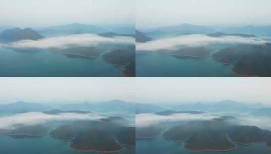 安徽黄山市太平湖景区晨曦云雾航拍高清在线视频素材下载