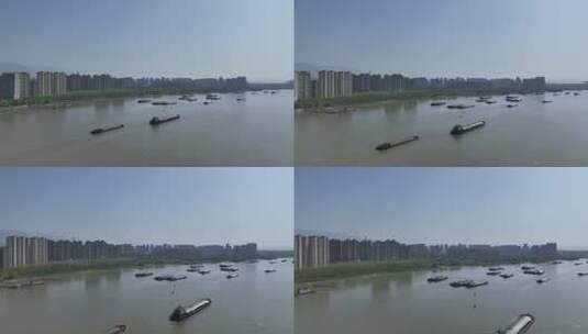 江西省九江市江畔风景与长江水运航拍高清在线视频素材下载