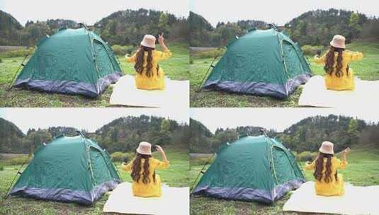 4K少女户外自拍野餐垫帐篷春游视频高清在线视频素材下载