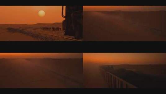 FPV无人机航拍火车行驶在沙漠中日出日落高清在线视频素材下载