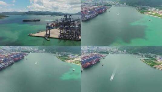 航拍深圳盐田港货轮、大海、码头、快艇高清在线视频素材下载