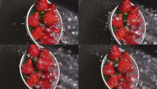 清洗新鲜成熟草莓高清在线视频素材下载