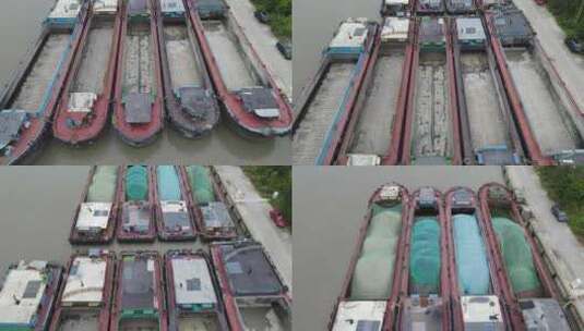 河道停靠的货船休息充电4K航拍高清在线视频素材下载