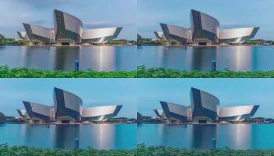 广州番禺大学城广东科学中心现代建筑与湖泊高清在线视频素材下载