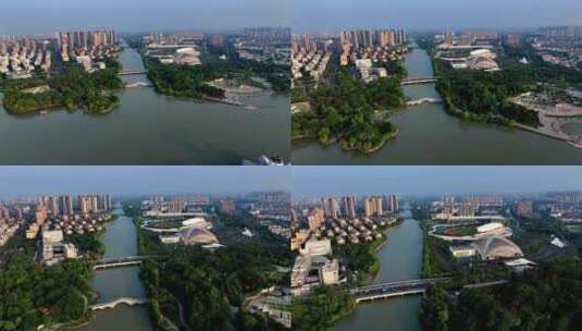 航拍平湖 河流穿过城市高清在线视频素材下载