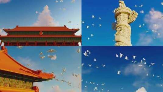 国庆节飞过天安门城楼的和平鸽高清在线视频素材下载