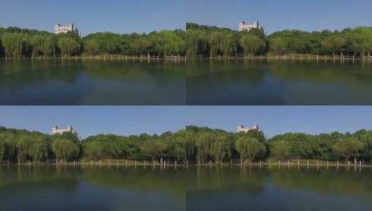 上海松江思贤公园河面侧拍航拍高清在线视频素材下载