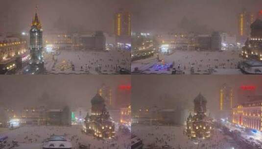 中国黑龙江哈尔滨索菲亚教堂广场雪景航拍高清在线视频素材下载