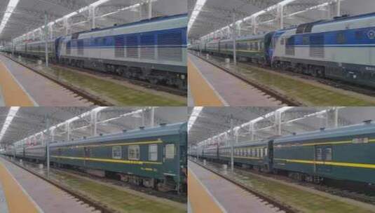 吉林省吉林站出站的绿皮火车老式火车高清在线视频素材下载