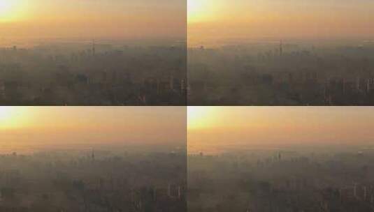中国黑龙江哈尔滨日出晨雾城市风光航拍高清在线视频素材下载