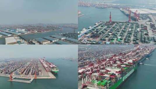 航拍青岛码头港口货轮高清在线视频素材下载
