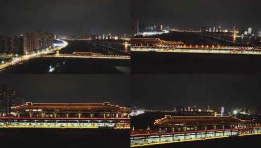 航拍咸阳古渡廊桥夜景高清在线视频素材下载