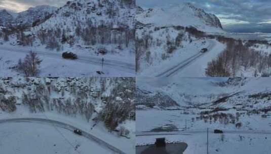 挪威罗弗敦群岛北极圈雷纳冬季雪景高空航拍高清在线视频素材下载