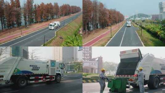 城市生态环境保护垃圾车运输垃圾转运车航拍高清在线视频素材下载