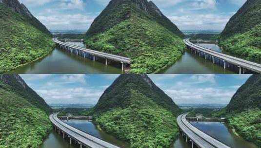 蓝天白云下桂林山间胡泊上的高速公路大桥高清在线视频素材下载