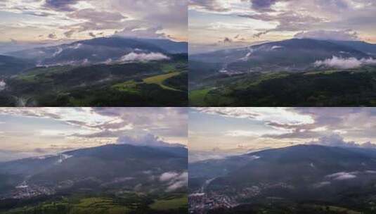 史诗般雾蒙蒙的日落和雨后的山脉山川高清在线视频素材下载