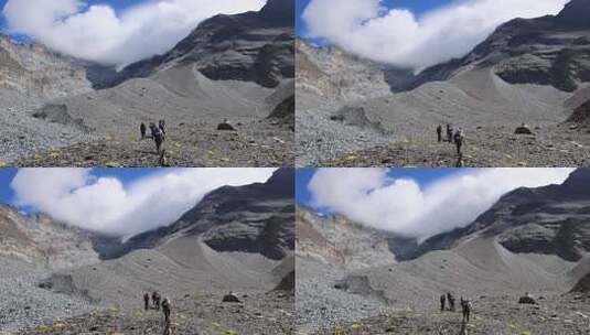 攀登四川雪宝顶雪山的登山者徒步进山高清在线视频素材下载