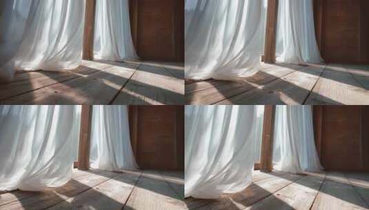 阳光透过白窗帘洒入室内高清在线视频素材下载