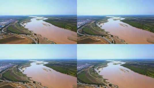 河套地区黄河平原农业-河道河滩航拍高清在线视频素材下载