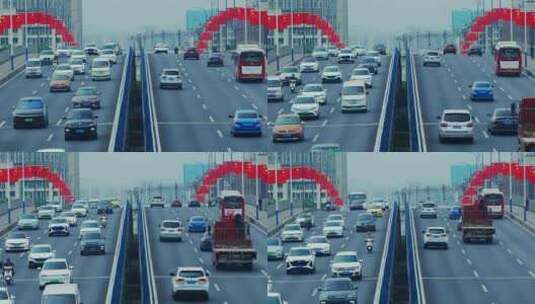 国庆城市公路国旗车流高清在线视频素材下载