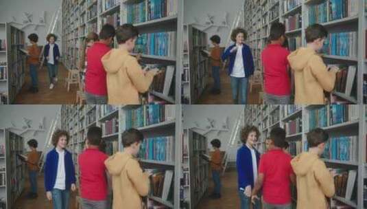头发古怪的男孩跑到朋友那里选择图书馆里的书高清在线视频素材下载