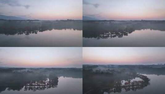 航拍南京前湖公园日出晨雾高清在线视频素材下载