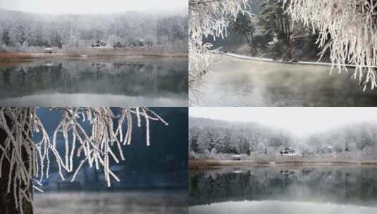 冬天冬季雪景雪松雾凇雪山湖面水雾雾气高清在线视频素材下载